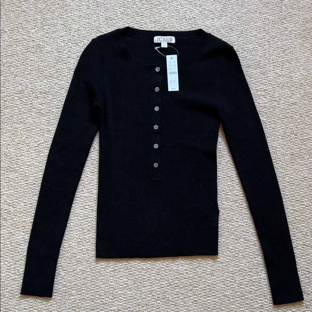 NWT J. Crew Black Ribbed Henley Sweater Sz XS